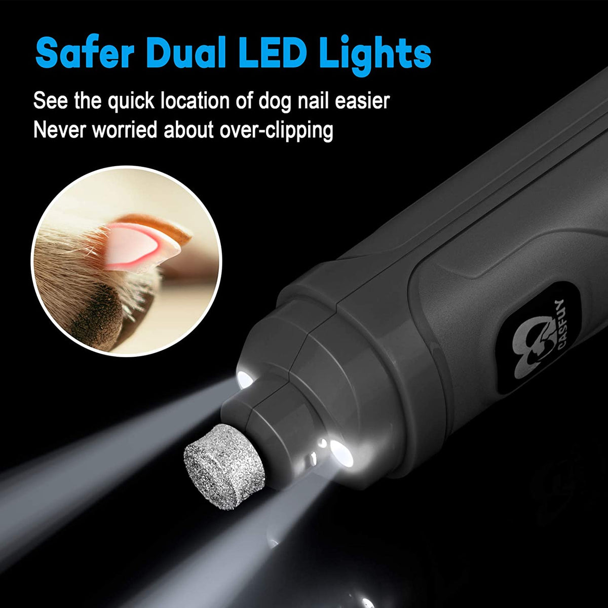 Dog Nail Grinder with Dual LED Lights - Advanced 2-Speed Electric Pet Nail Trimmer for Professional, Quiet, and Painless Grooming of Small, Medium, and Large Dogs and Cats (Grey)