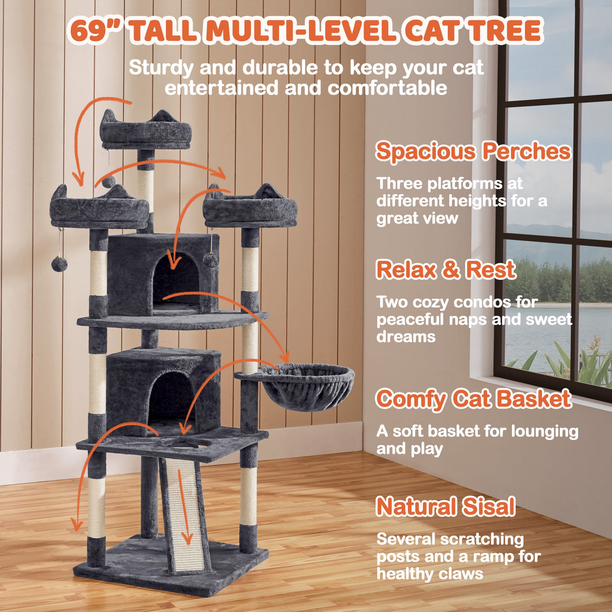 69In Large Cat Tree Tower with Condos & Scratching Board, Dark Gray