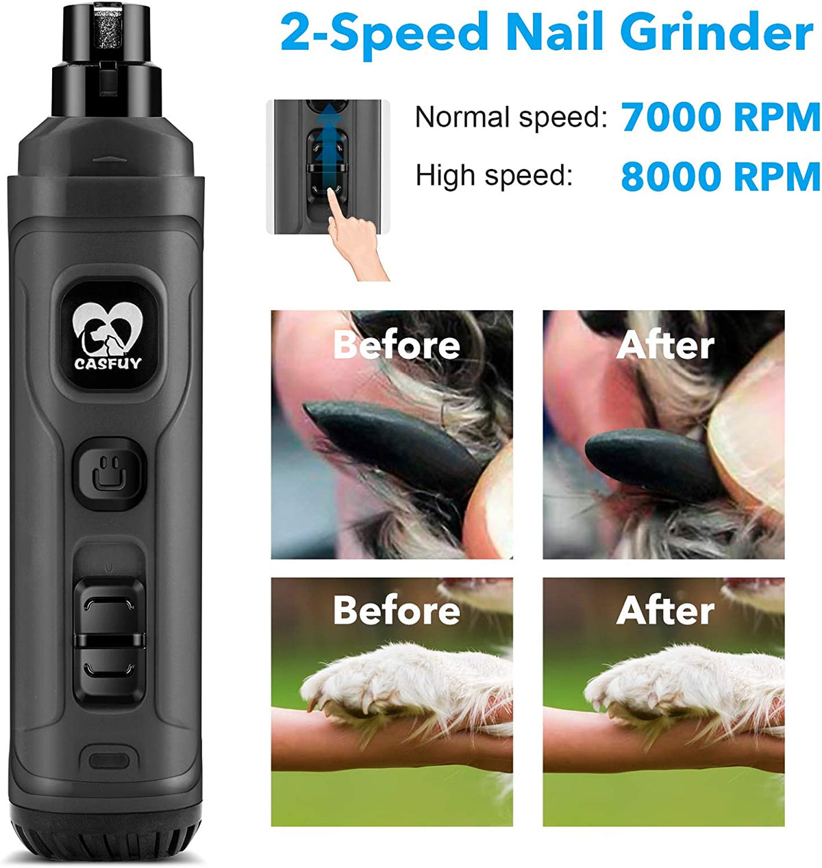 Dog Nail Grinder with Dual LED Lights - Advanced 2-Speed Electric Pet Nail Trimmer for Professional, Quiet, and Painless Grooming of Small, Medium, and Large Dogs and Cats (Grey)